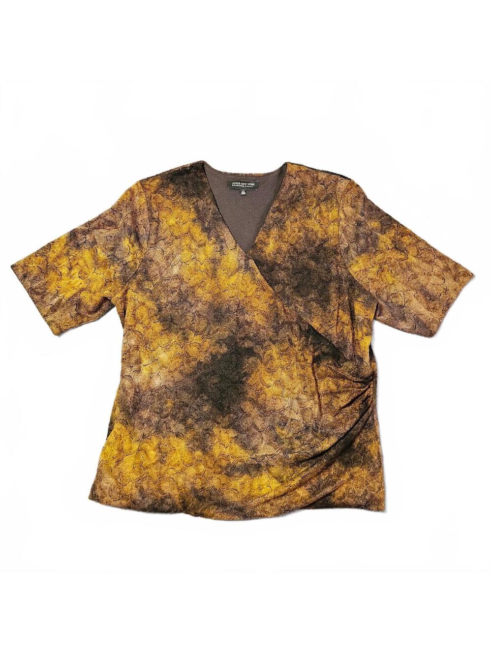 Jones New York Women Size 2x Brown Yellow Patterned Blouse Plus Trendy Workwear